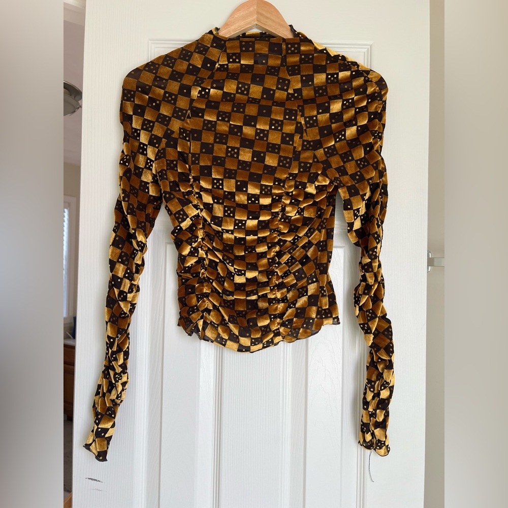 Urban Outfitters Gold and Black Check Ruched Long-Sleeve Blouse